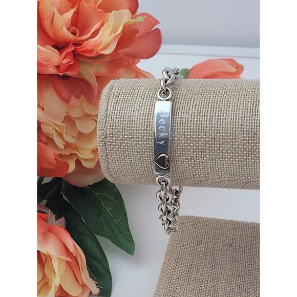 925 Sterling Silver Becky ID Cuban Link Chain Bracelet w 14K Gold Heart - Picture 2 of 8